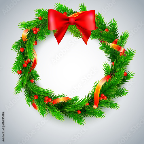 Traditional Christmas wreath made of green fir branches with red berries of viburnum, Golden ribbon and red bow on a white background, 3D illustration