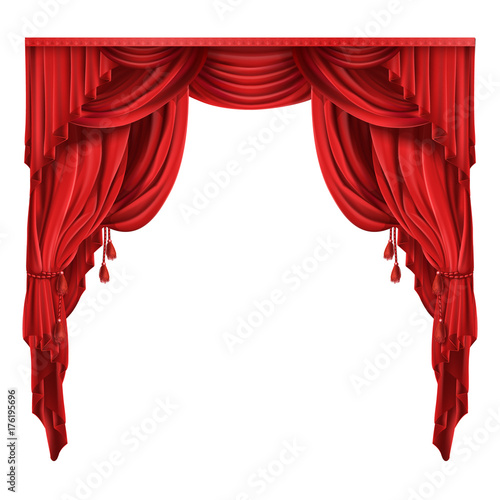 Heavy red curtains or drapes in victorian style gathered with tassels rope realistic isolated vector illustration. Window dressing, theater stage, retro frame with copyspace for product premiere ad