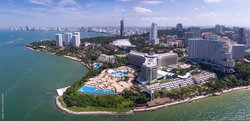 Tourist Resorts On North Cliff Beach, Pattaya, Thailand, Aerial Drone Panorama