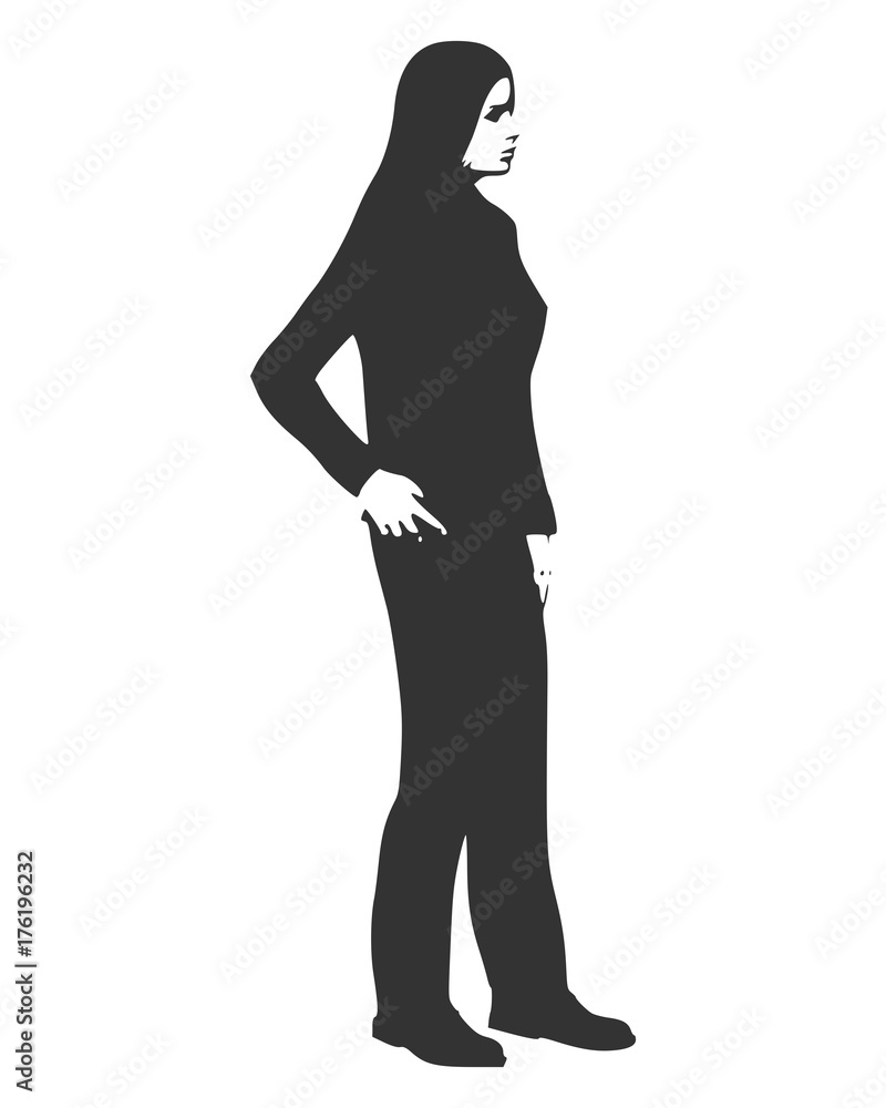 Posing business woman wearing the suit. Black silhouette