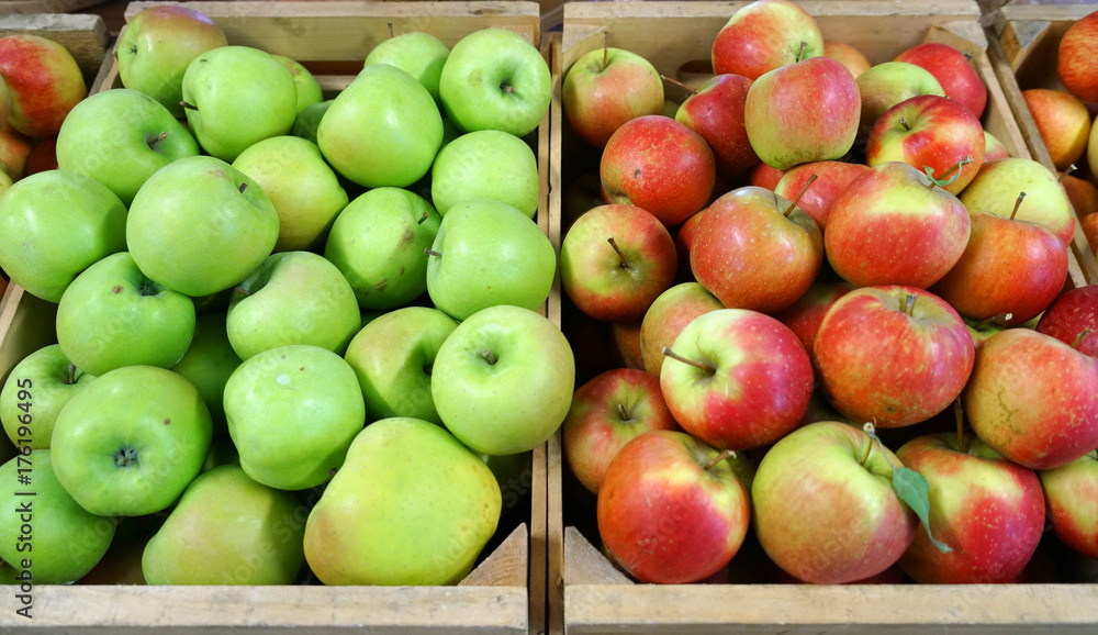 Green and red apples in farm store for sale Green and red apples in farm store for sale
