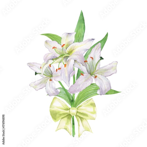 Watercolor bouquet of lily. White flowers 2 © Gribanessa