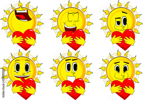 Cartoon sun hugging big red heart. Collection with happy faces. Expressions vector set.