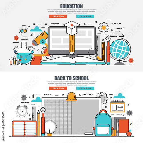 Business flat line concept web banner of online education, video tutorials, learning, knowledge, back to school, study. Conceptual linear vector illustration for web design, marketing, graphic design.