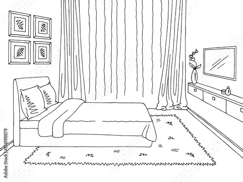 Bedroom graphic black white interior sketch illustration vector