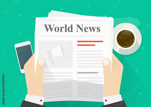 Newspaper or news paper in hands vector illustration, flat cartoon person reading news in newspaper while coffee break top view, daily press announcement