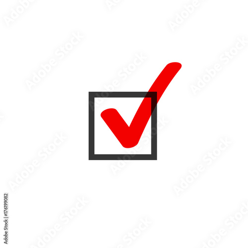 Check mark tick box icon vector  symbol doodle style, red checkmark checkbox isolated, checked icon or correct choice sign in black square, handwritten or hand drawn pictogram photo