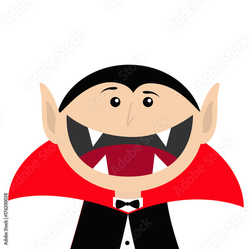 Count Dracula head face wearing black and red cape. Cute cartoon vampire character with fangs. Big mouth. Happy Halloween. Greeting card. Flat design. White background. Isolated.