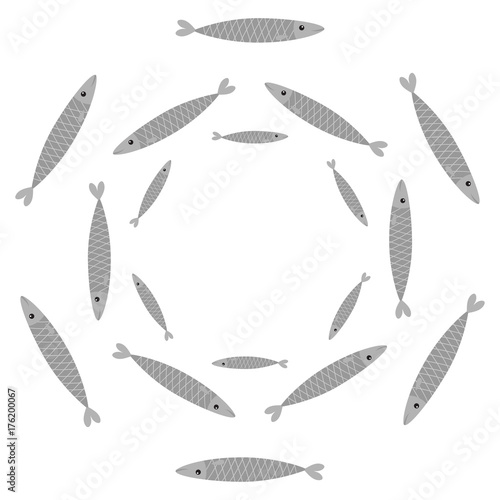Sardine gray fish set. Iwashi. Sardina pilchardus school. Cute cartoon character. Anchovy pilchard. Water animal. Marine life. Round circle frame. Flat design. White background. Isolated.