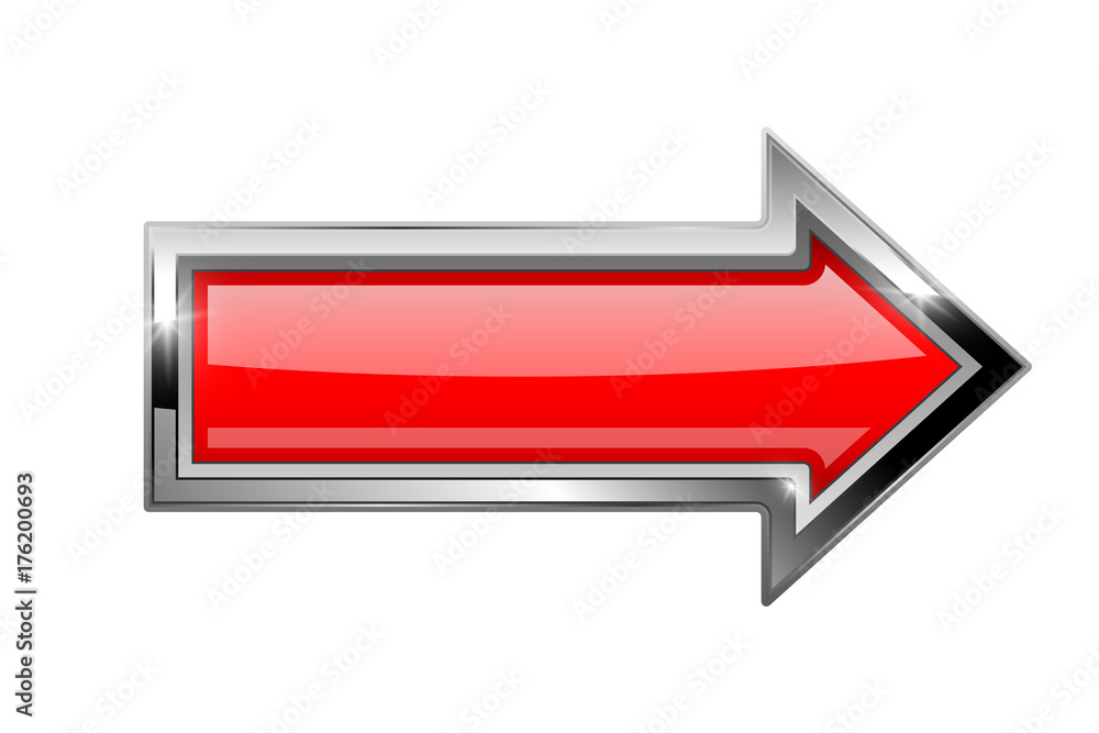 Red arrow with bold chrome frame. 3d shiny icon Red arrow with bold chrome frame. 3d shiny icon