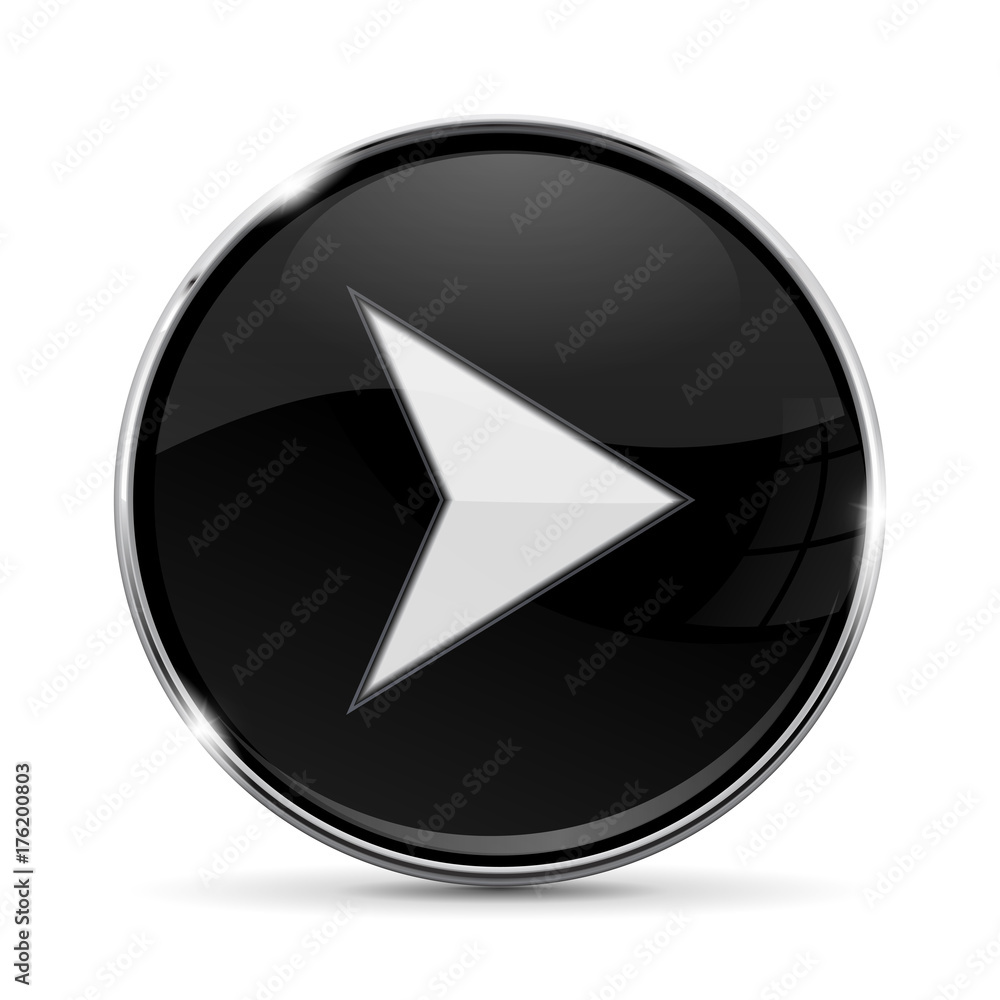 Black round button with arrow, with chrome frame Black round button with arrow, with chrome frame