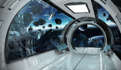 Fototapeta Naklejka Na Ścianę i Meble -  Spaceship interior with view on Earth 3D rendering elements of this image furnished by NASA