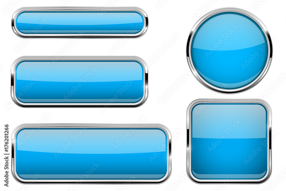 Blue buttons set. Glass icons with metal frame Blue buttons set. Glass icons with metal frame