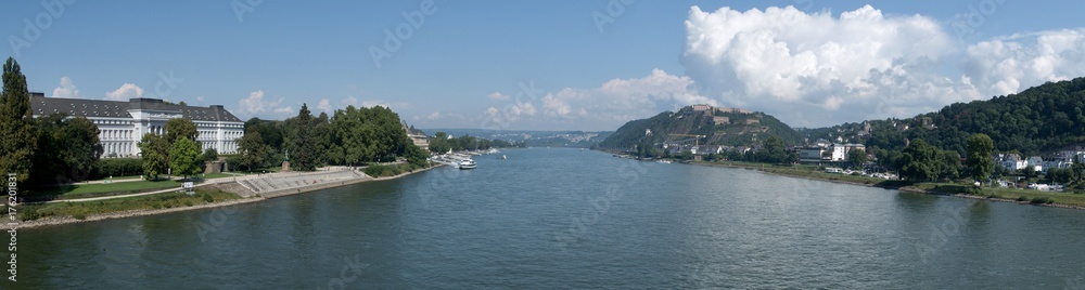 the Rhine River in the city of Koblenz with the fortress of Ehrenbreitstein in Germany