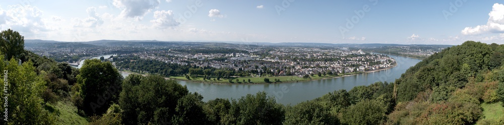 panorama with river Rhine in the city of Koblenz from the fortress of Ehrenbreitstein in Germany