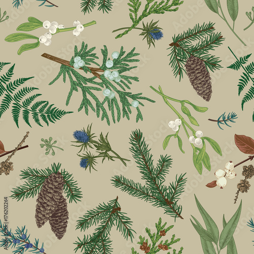 Christmas seamless botanical pattern.