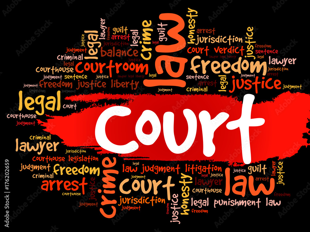 Court word cloud collage, law concept background
