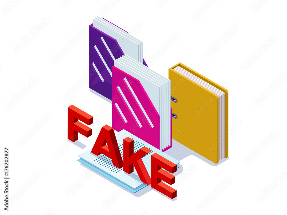 Fake documents concept with folders for papers, contract with false stamp isometric 3d vector illustration of illegal activity or fraud Fake documents concept with folders for papers, contract with false stamp isometric 3d vector illustration of illegal activity or fraud