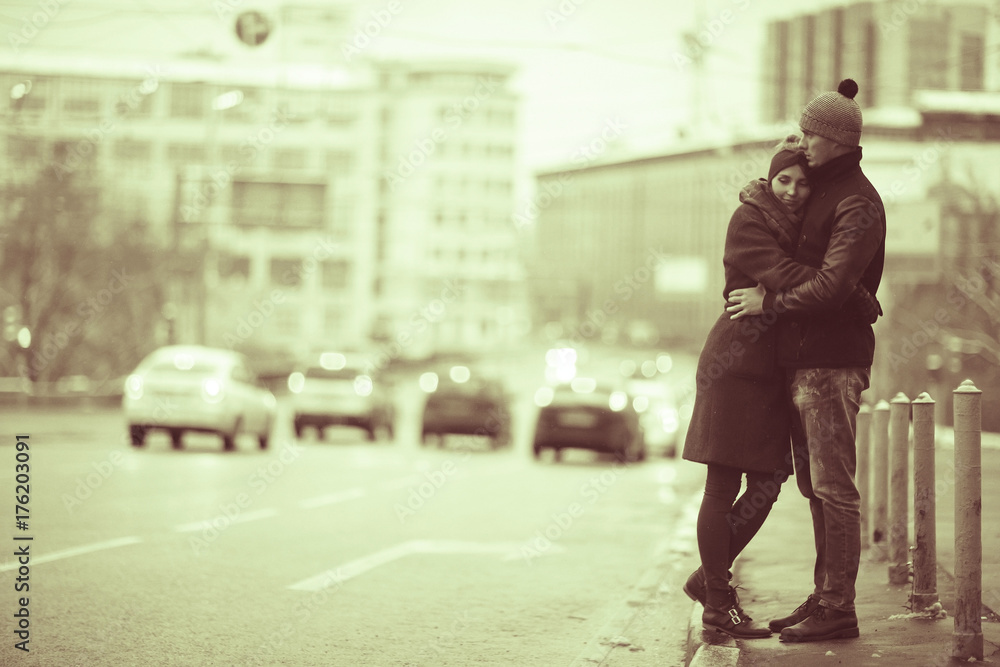 couple embracing on a walk Moscow