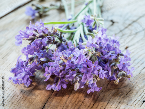 Lavandula or lavender flowers on the wooden background.