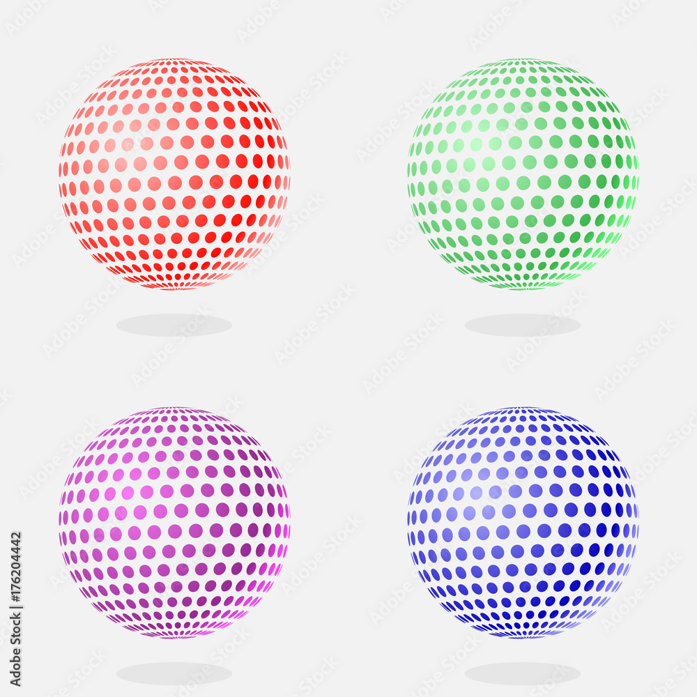 Abstract globe dotted sphere, 3d halftone effect vector background. Color set of vector illustration. Abstract globe dotted sphere, 3d halftone effect vector background. Color set of vector illustration.