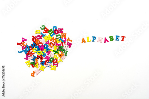 the word alphabet is made up of scattered colored letters