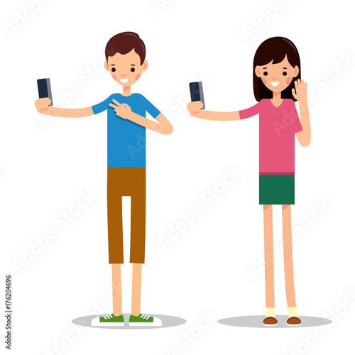 Boy and girl with mobile phone. Man and woman do selfie