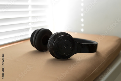 headphone lying on pillow for listening relax music