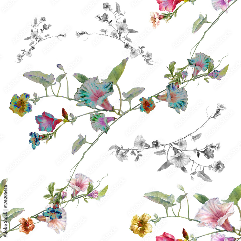 Watercolor painting of leaf and flowers, seamless pattern on white background