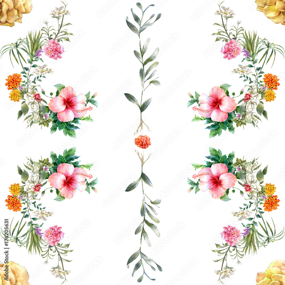 Watercolor painting of leaf and flowers, seamless pattern on white background