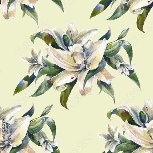 Watercolor painting of leaf and flowers, seamless pattern on Cream Beige background