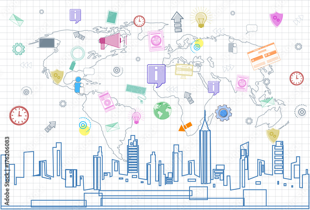 Social Media Communication Internet Network Connection Over City Skyscraper View Cityscape And World Map Squared Background Vector Illustration