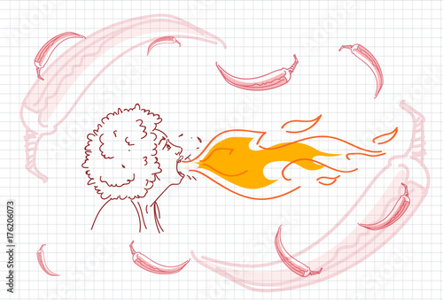 Female Breathing Fire, Hot Chili Pepper Concept Sketch Vector Illustration