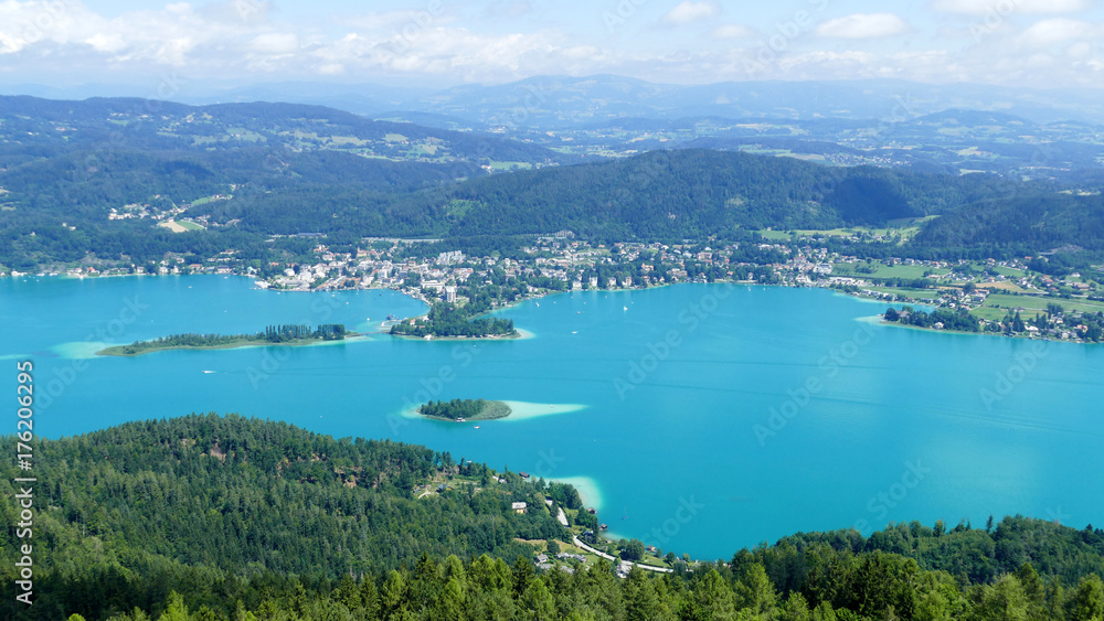 Panorama of lake Worther from a watchtower in Austria