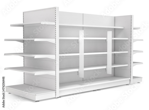 Supermarket shelves with advertising stoppers. 3d illustration. Isolated on white