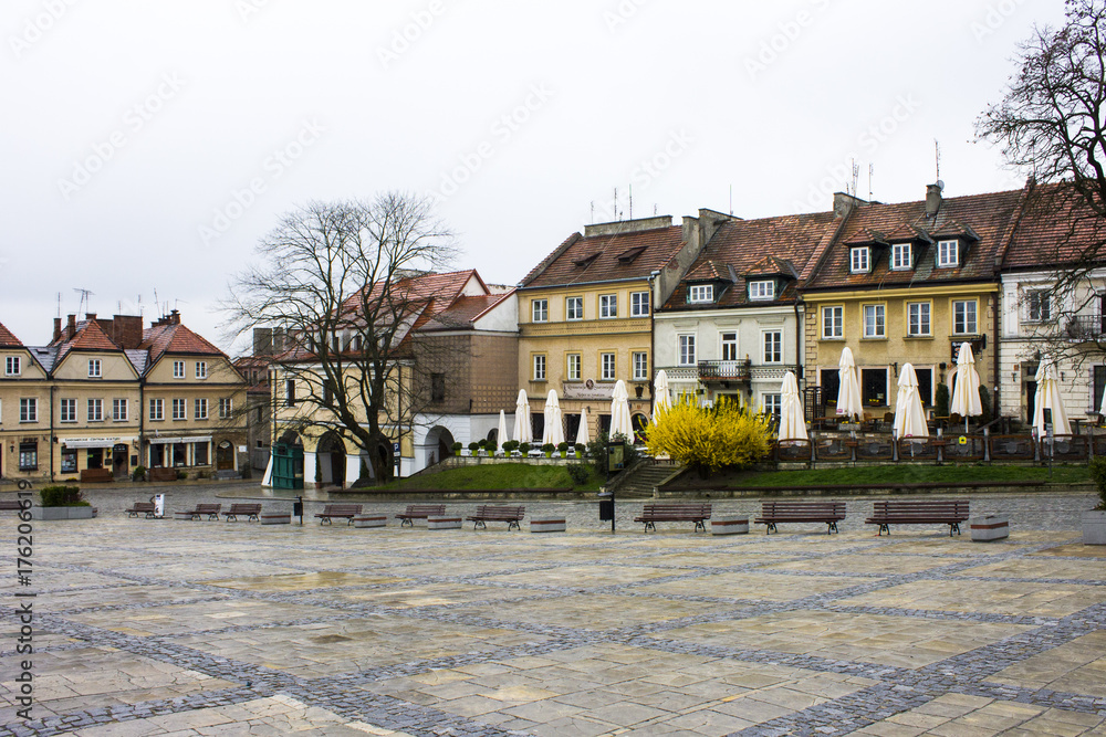 The old Market Place in Sandomierz, Poland, on a cloudy morning