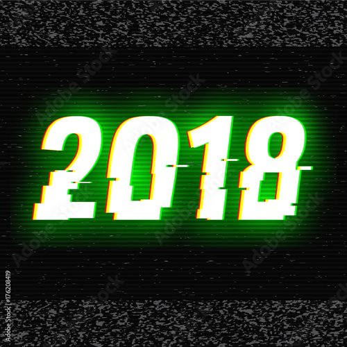 2018 glitch text. Anaglyph 3D effect. Technological retro background. Vector illustration. Creative web template. Flyer, poster layout. Computer program, TV channel screen, broadcasting concept