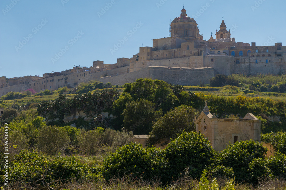 Ancient hilltop fortified capital city of Malta, The Silent City, Mdina or L-Imdina, it's skyline against blue Spring skies with huge walls, domes and towers, over fields of spring flowers, March 2017 Ancient hilltop fortified capital city of Malta, The Silent City, Mdina or L-Imdina, it's skyline against blue Spring skies with huge walls, domes and towers, over fields of spring flowers, March 2017