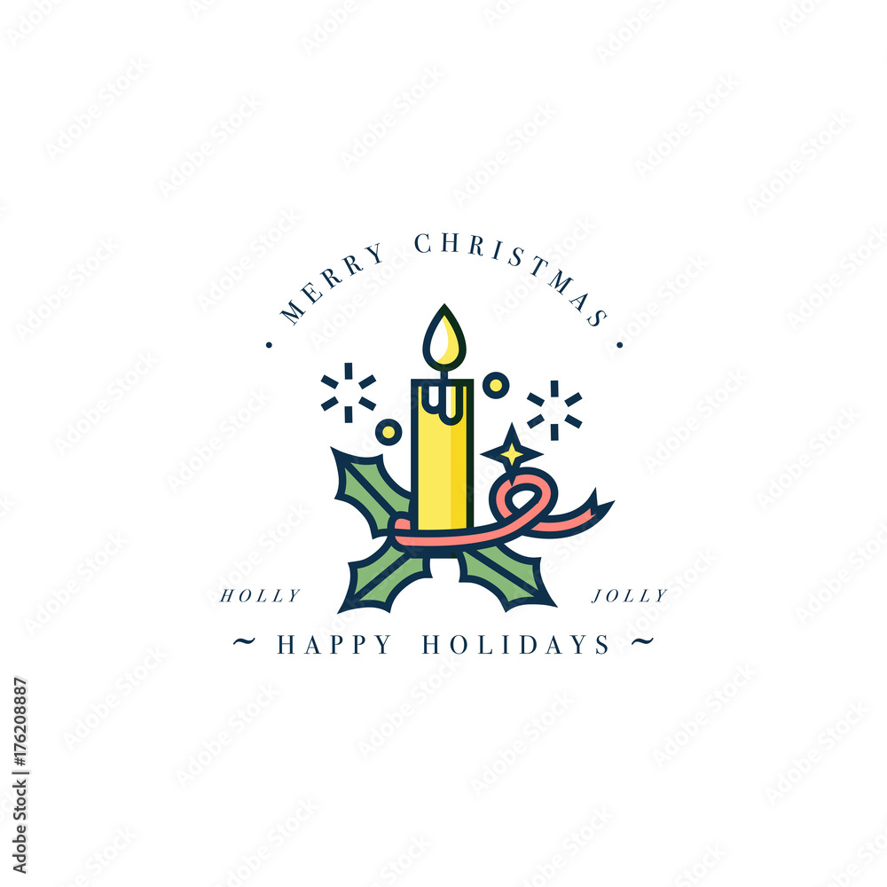 Lovely Merry Xmas concept linear design with Christmas candle. Greeting typography compositions Xmas cards