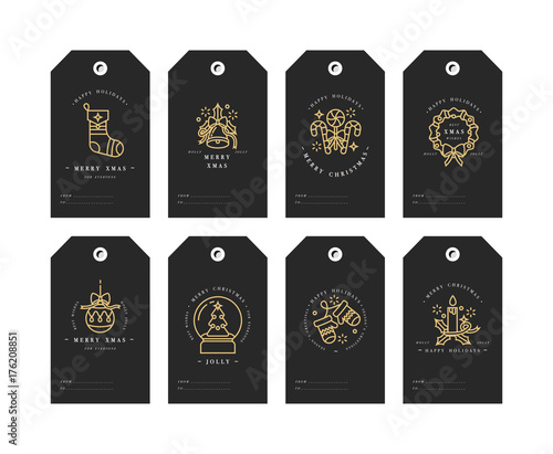 Vector golden linear design Christmas greetings elements on white background. Christmas tags set with typography