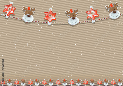 Christmas Background with Striped Cardboard and Clothespin Decoration on a Rope - Xmas Illustration, Vector