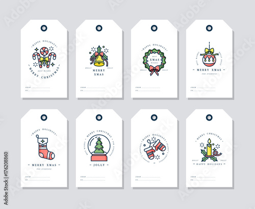 Vector linear design Christmas greetings elements on white background. Christmas tags set with typography