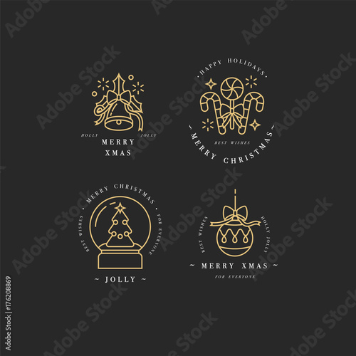 Vector linear design Christmas greetings elements on white background. Typography ang icon for Xmas cards, banners or posters and other printables