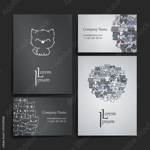 Set of card templates with cute cartoon cats and dogs with different emotions.