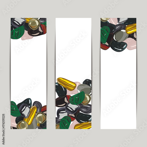 Banner with jewelry gemstones in cartoon style. Vector illustration