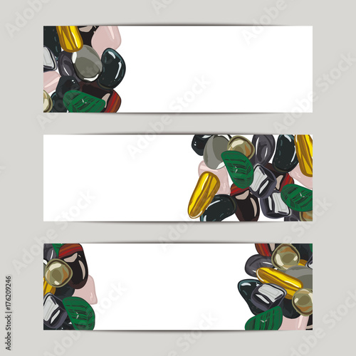 Banner with jewelry gemstones in cartoon style. Vector illustration