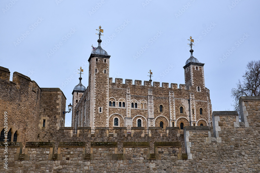 LONDON CITY - DECEMBER 24, 2016: Tower of London seen from the north bank of the River Thames
