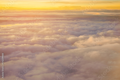 Golden sky at sunrise,There is a golden horizon,Aerial photos,copy space for background