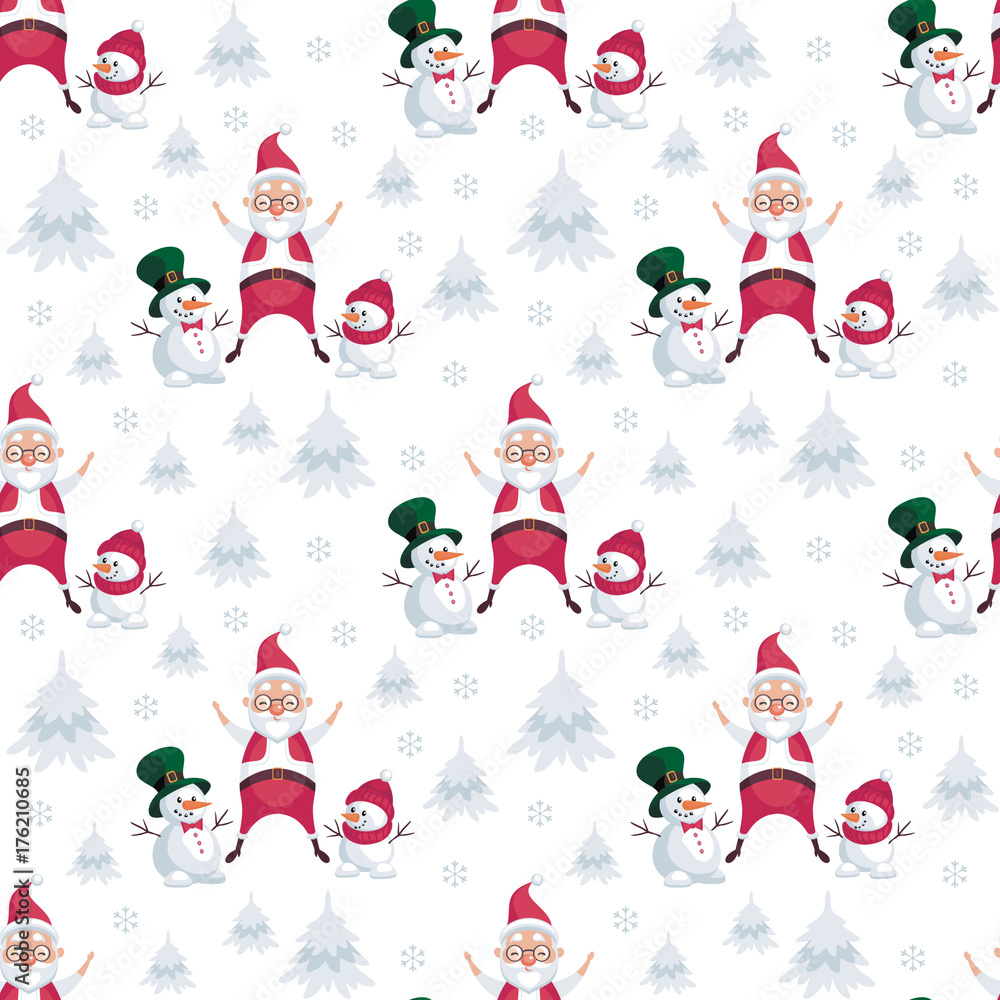 Christmas seamless pattern with the image of Santa Claus and snowmen in cartoon style. Vector colorful background