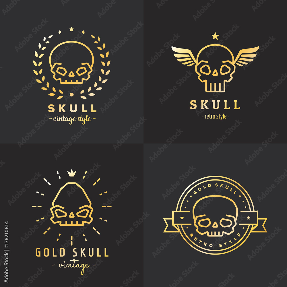 Skulls outline gold logo vector set. Part one.
